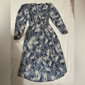 Express Blue & White Leopard Print High-Low Midi Dress | Puff Sleeve | XS